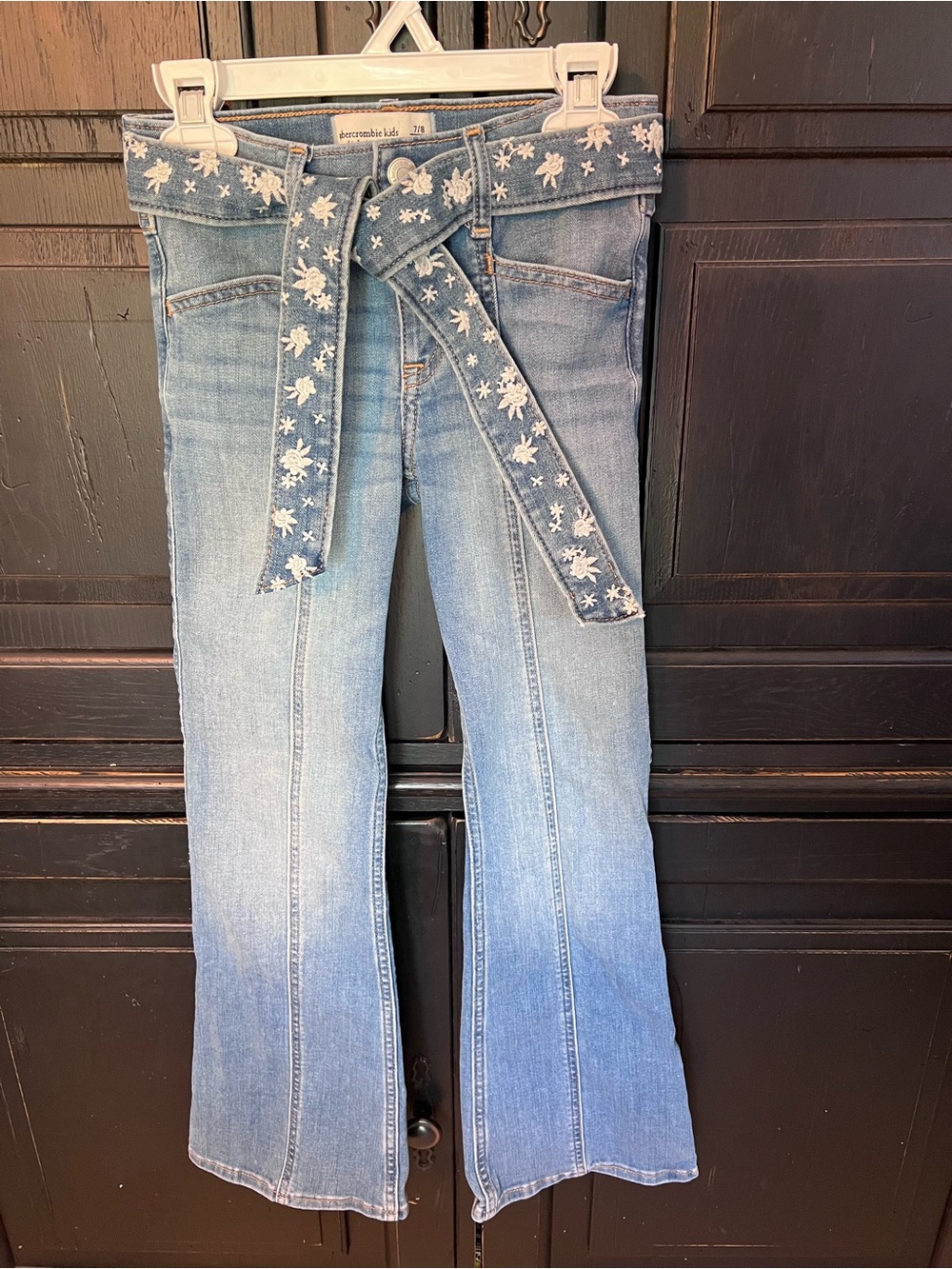 Abercrombie Kids 7/8 Long Light Blue Embroidered-Belt Flared Jeans